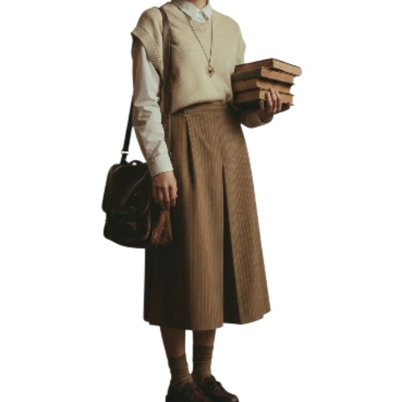 beventy Dresses & Skirts - SEVENTY Venezia Vintage Tan Pin Stripe Pleated Midi Skirt 90s Academia